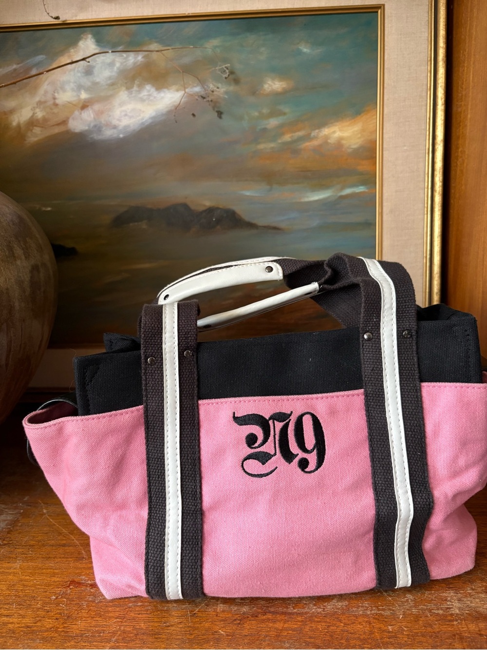 Y2K VINTAGE AESTHETIC Pink Black Embroidered Canvas Mini Tote Bag